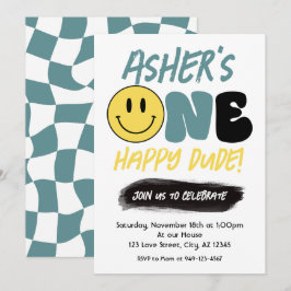 Retro One Happy Typ Happy Face ersten Geburtstag Einladung