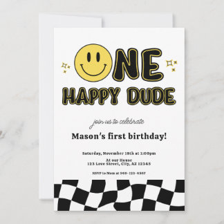 Retro One Happy Typ Happy Face ersten Geburtstag Einladung