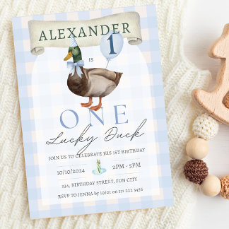 Retro One Lucky Duck 1. Geburtstag Blue Gingham Einladung