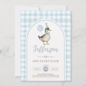 Retro One Lucky Duck Blue Balloon Junge 1. Geburts Einladung (Vorderseite)