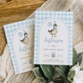 Retro One Lucky Duck Blue Balloon Junge 1. Geburts Einladung
