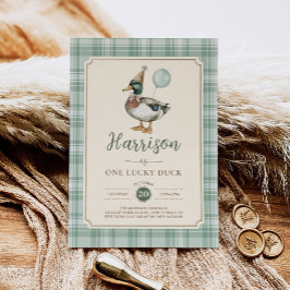 Retro One Lucky Duck Green Ballon 1. Geburtstag Einladung