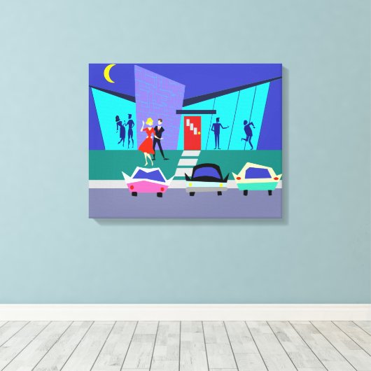Retro Open House Party Stretched Canvas Print Leinwanddruck (Insitu (Holzboden))