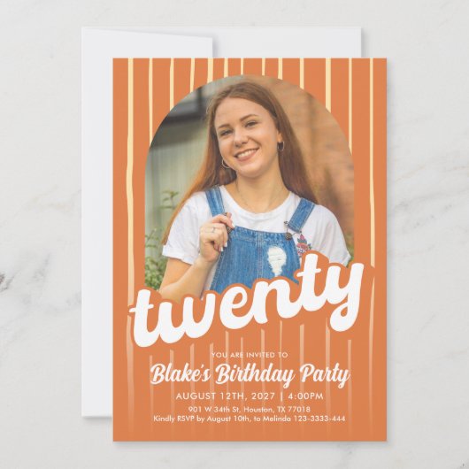 Retro Orange 20th Birthday Einladung (Vorderseite)