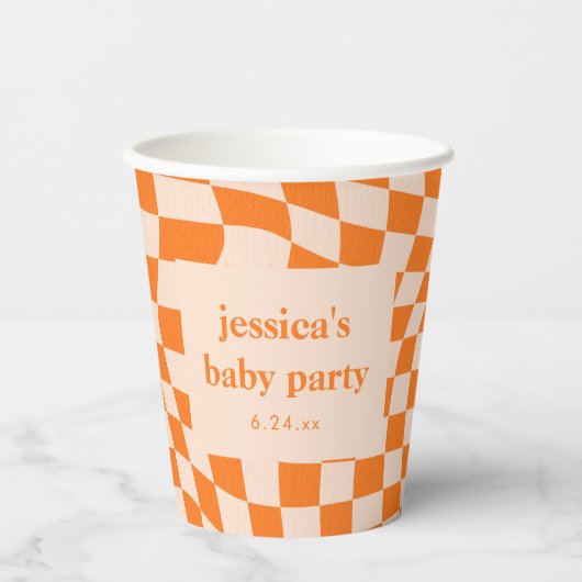 Retro Orange Abstract Check Custom Baby Shower Pappbecher (Vorderseite)