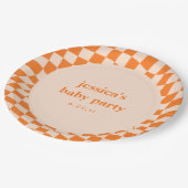 Retro Orange Abstract Checkerboard Baby Shower Pappteller (Schrägansicht)