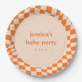 Retro Orange Abstract Checkerboard Baby Shower Pappteller