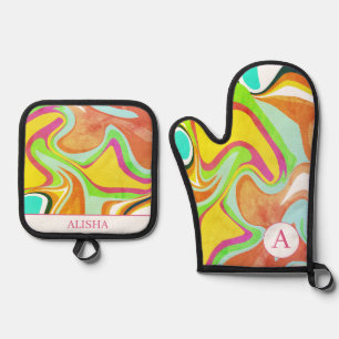 Retro Orange Abstrakt Artistic Custom Ofenhandschuh & Topflappen-Set