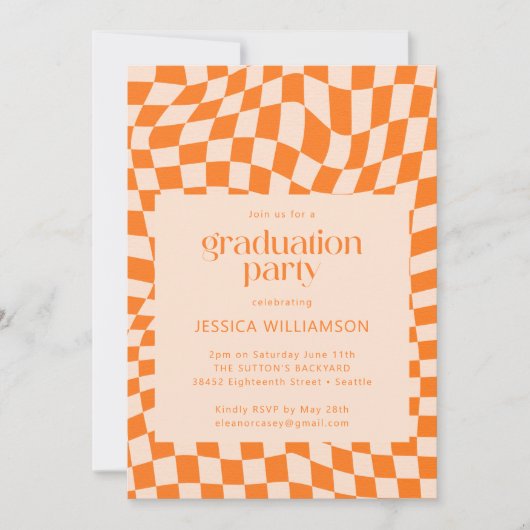 Retro Orange Abstrakt Checkerboard Abschluss Einladung (Vorderseite)