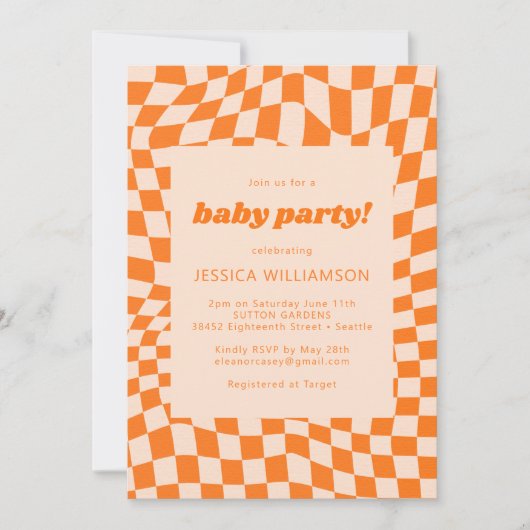 Retro Orange Abstrakt Checkerboard Baby Party Einladung (Vorderseite)