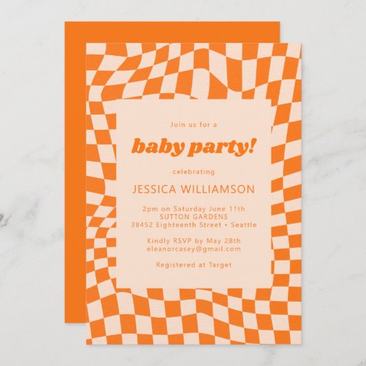 Retro Orange Abstrakt Checkerboard Baby Party Einladung (Vorne/Hinten)