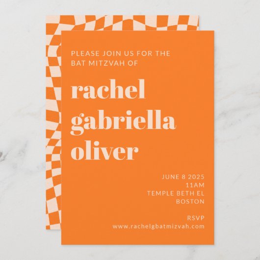 Retro Orange Abstrakt Checkerboard Bat Mitzvah Einladung (Vorne/Hinten)
