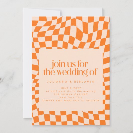 Retro Orange Abstrakt Checkerboard Wedding Website Einladung (Vorderseite)