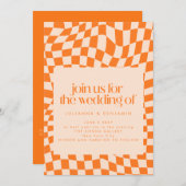 Retro Orange Abstrakt Checkerboard Wedding Website Einladung (Vorne/Hinten)