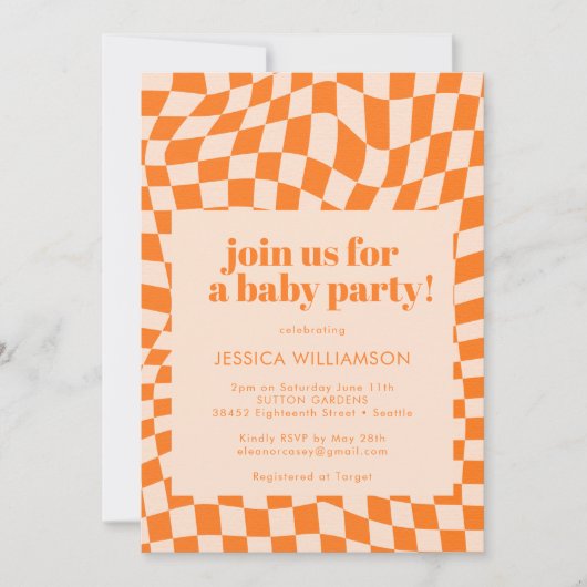 Retro Orange Abstrakt Geometric Schachbrett Baby Einladung (Vorderseite)