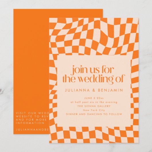 Retro-Orange-Abstraktes-Karo-Hochzeits-QR-Code-RSV Einladung (Vorne/Hinten)