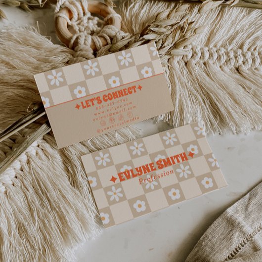 Retro Orange Beige Checkered Groovy Floral Boho  Visitenkarte