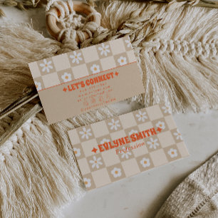 Retro Orange Beige Kariertes Groovy Floral Boho  Visitenkarte