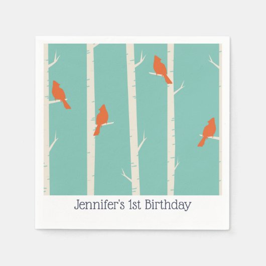 Retro Orange Birds auf Birkenbäumen Geburtstag Serviette (Vorderseite)