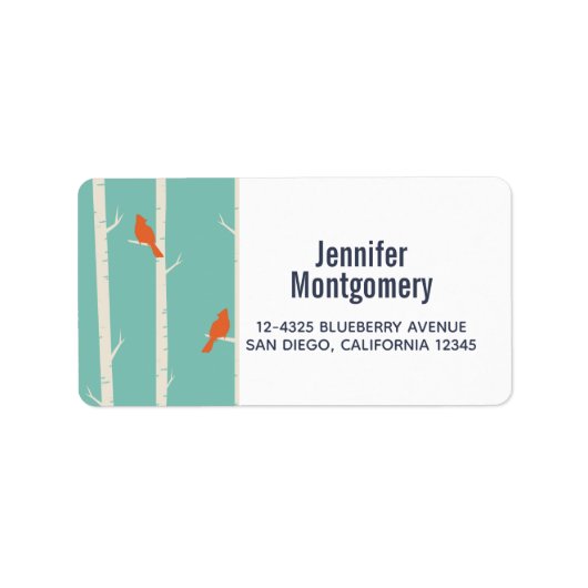 Retro Orange Birds on Birch Trees Illustration Adressaufkleber (Vorne)