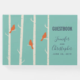 Retro Orange Birds on Birch Trees Illustration Gästebuch