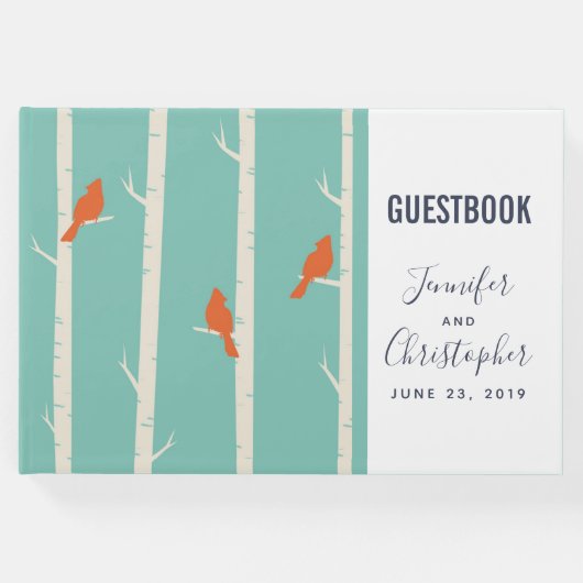 Retro Orange Birds on Birch Trees Illustration Gästebuch (Vorderseite)