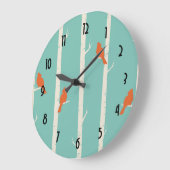 Retro Orange Birds on Birch Trees Illustration Große Wanduhr (Winkel)