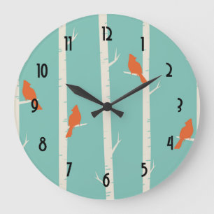 Retro Orange Birds on Birch Trees Illustration Große Wanduhr