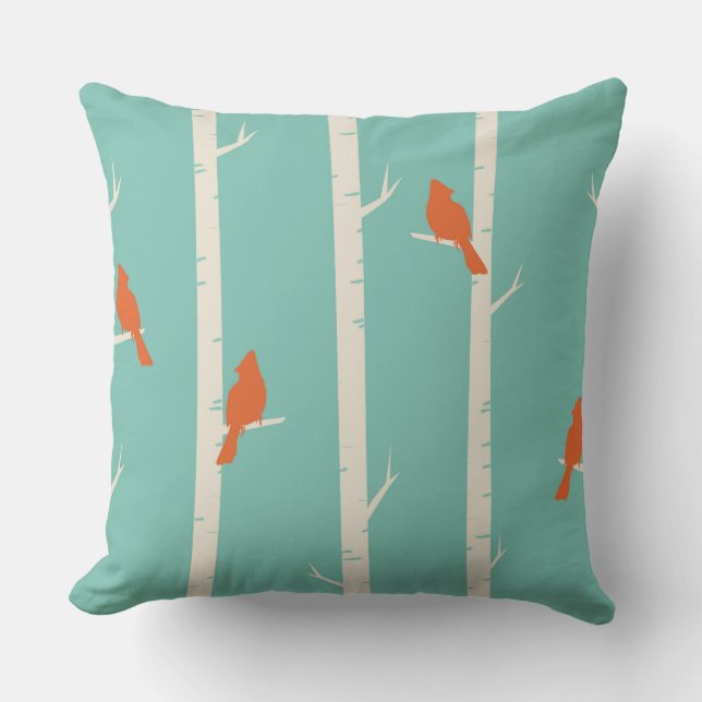 Retro Orange Birds on Birch Trees Illustration Kissen (Vorderseite)