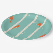 Retro Orange Birds on Birch Trees Illustration Pappteller (Schrägansicht)