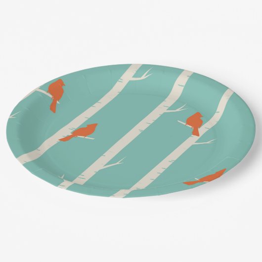 Retro Orange Birds on Birch Trees Illustration Pappteller (Schrägansicht)