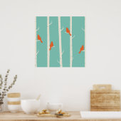 Retro Orange Birds on Birch Trees Illustration Poster (Küche)