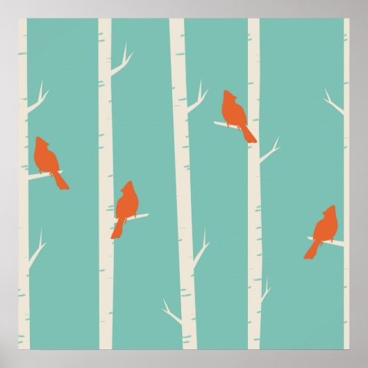 Retro Orange Birds on Birch Trees Illustration Poster (Vorne)