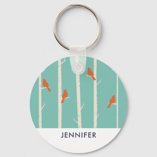 Retro Orange Birds on Birch Trees Illustration Schlüsselanhänger (Vorderseite)