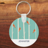 Retro Orange Birds on Birch Trees Illustration Schlüsselanhänger (Vorderseite)