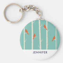 Retro Orange Birds on Birch Trees Illustration Schlüsselanhänger