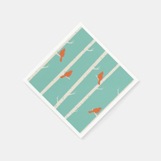 Retro Orange Birds on Birch Trees Illustration Serviette (Ecke)