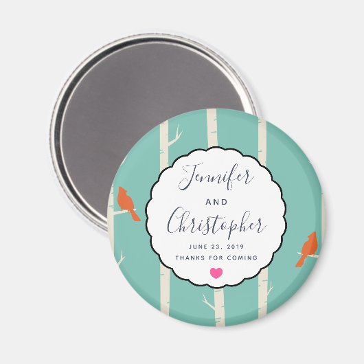 Retro Orange Birds on Birch Trees Wedding Danke Magnet (Vorderseite/Rückseite)