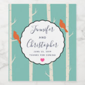 Retro Orange Birds on Birch Trees Wedding Danke Weinetikett (Einzelnes Label)