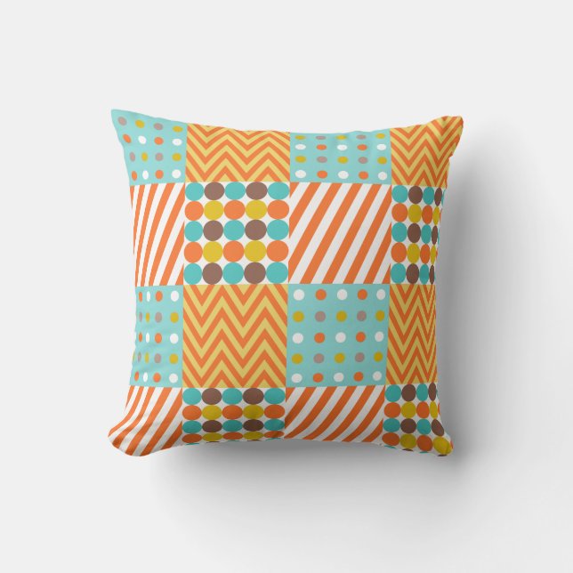 Retro Orange Blau Senfgelb Patchworkmuster Kissen (Vorderseite)