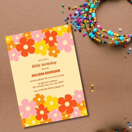 Retro Orange Blume Boho 50. Geburtstag Einladung