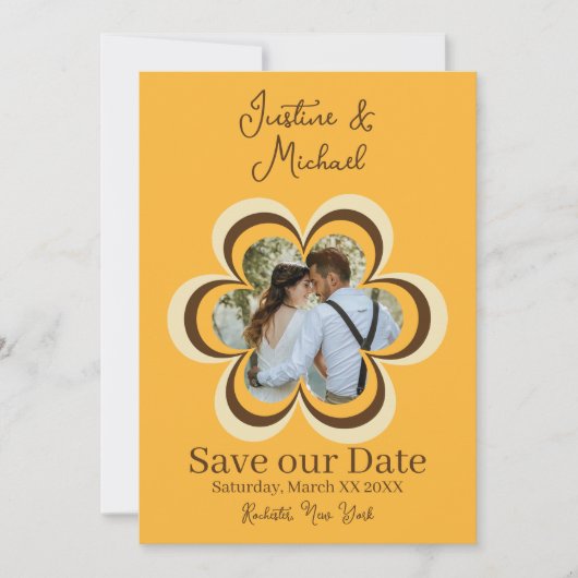 Retro Orange Blume Foto Hochzeit speichern das Dat Einladung (Vorderseite)
