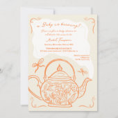 Retro orange Bows Teekanne Baby Brauen Dusche Einladung (Vorderseite)