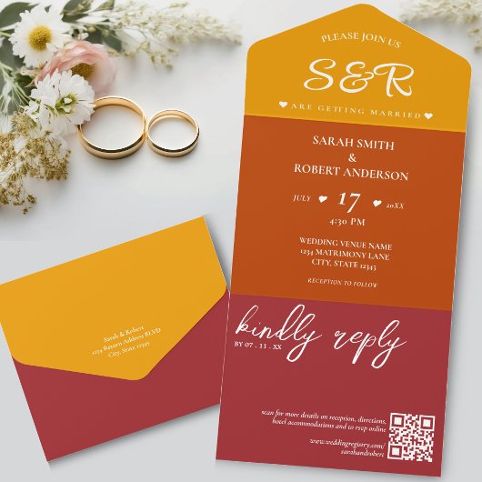 Retro Orange Burgundy QR Code Wedding All In One Einladung