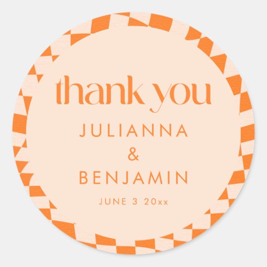 Retro Orange Check Custom Wedding Thank You Runder Aufkleber (Vorderseite)