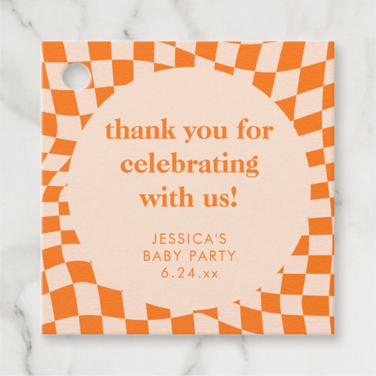 Retro Orange Checkerboard Baby Shower Thank You Geschenkanhänger (Vorderseite)