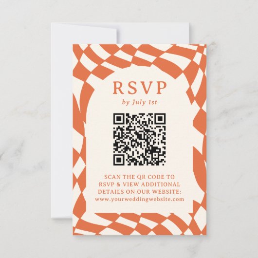 Retro Orange Checkerboard QR Code Hochzeit RSVP Karte (Vorderseite)