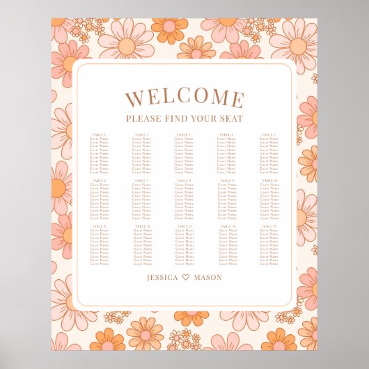 Retro Orange Daisy Floral Wedding Chart Poster (Vorne)