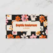 Retro Orange Floral Checkered Business Card Visitenkarte (Vorderseite)