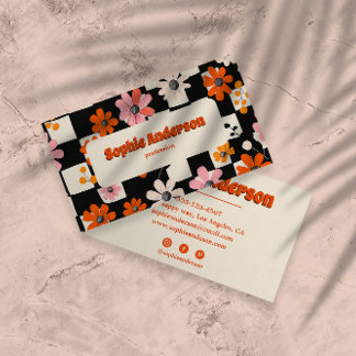 Retro Orange Floral Checkered Business Card Visitenkarte